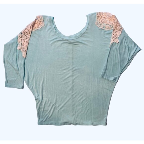 Women's Mint Green & Ivory Lace Pullover Top Size Small Dolman Sleeves Stretch - Picture 2 of 9
